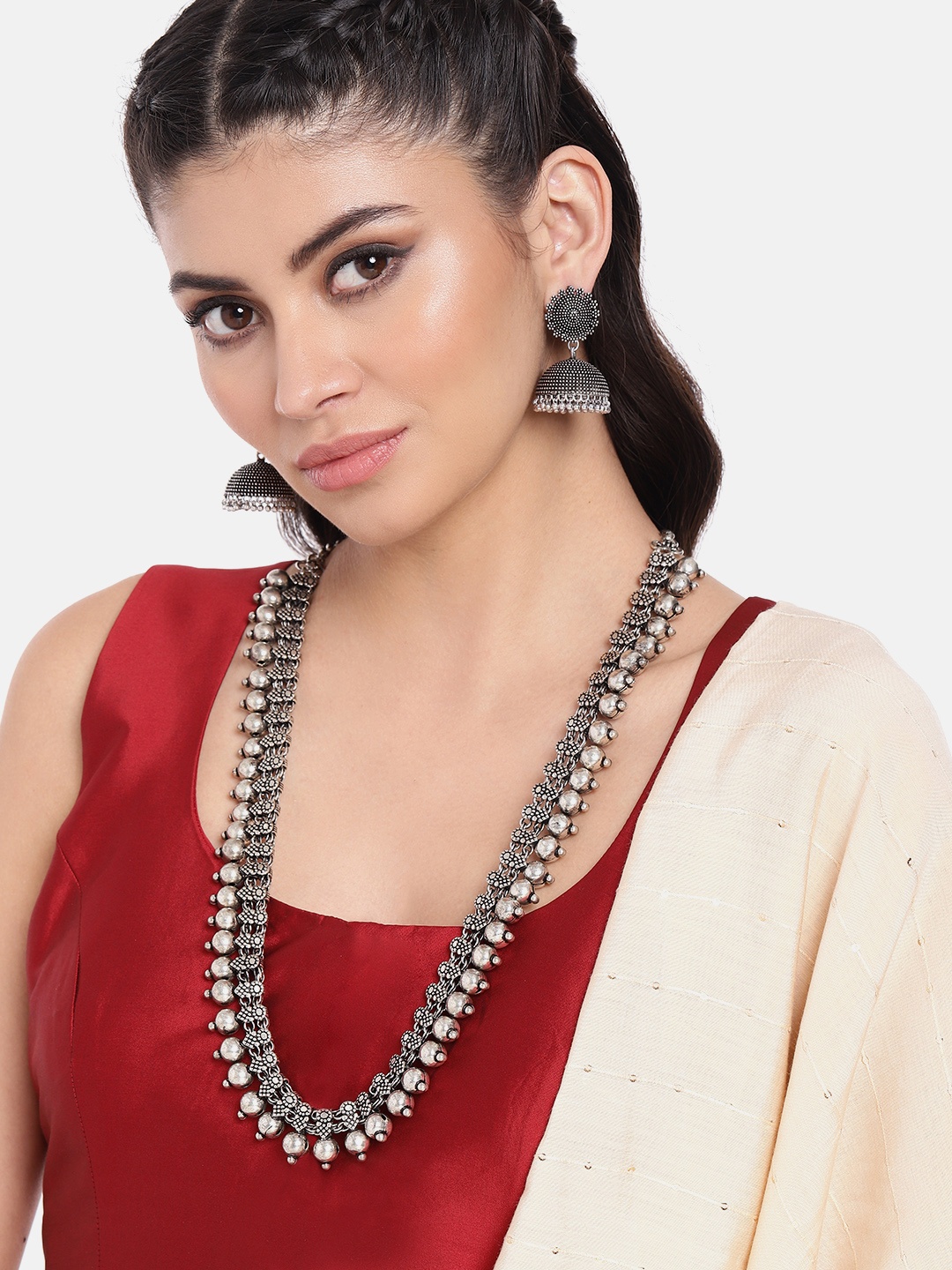 

AITIHYA Silver-Plated Oxidised Traditional Kolhapuri Jewellery Set