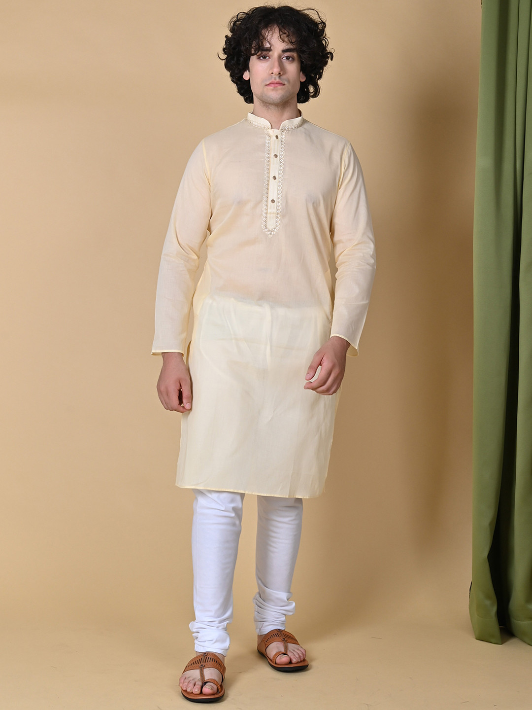 

MAAHI FABS Men Thread Work Kurta, Beige