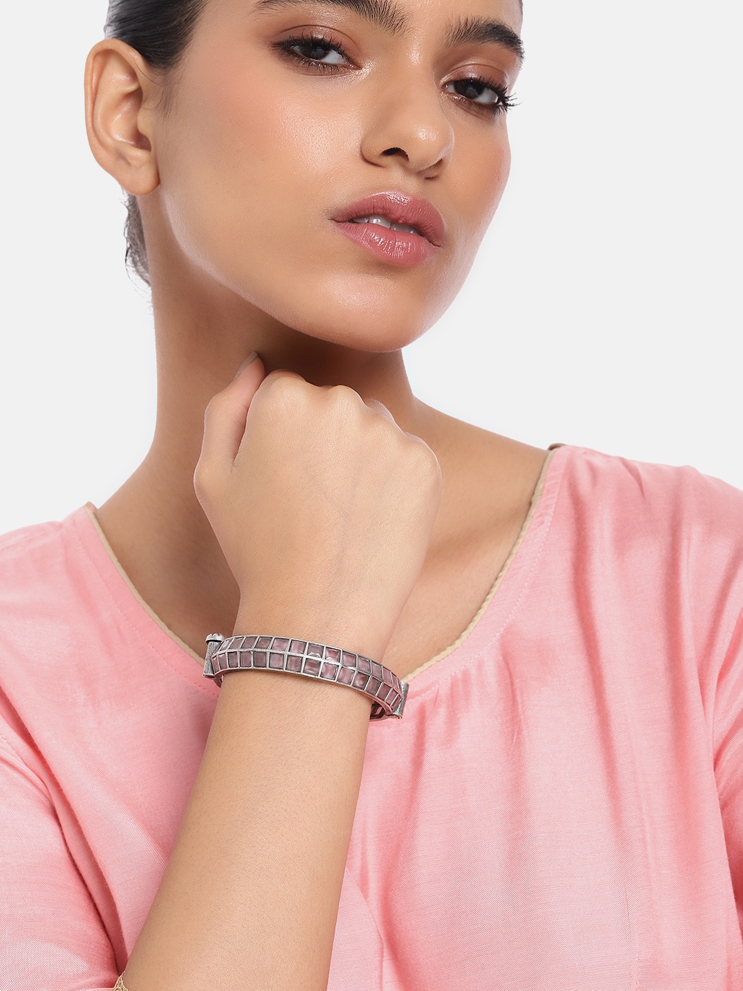 

AITIHYA Women Silver-Plated Stone-Studded Kada Bangle, Fuchsia