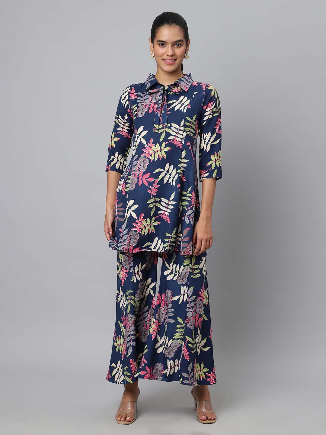 

BAESD Floral Printed Shirt With Palazzo, Navy blue