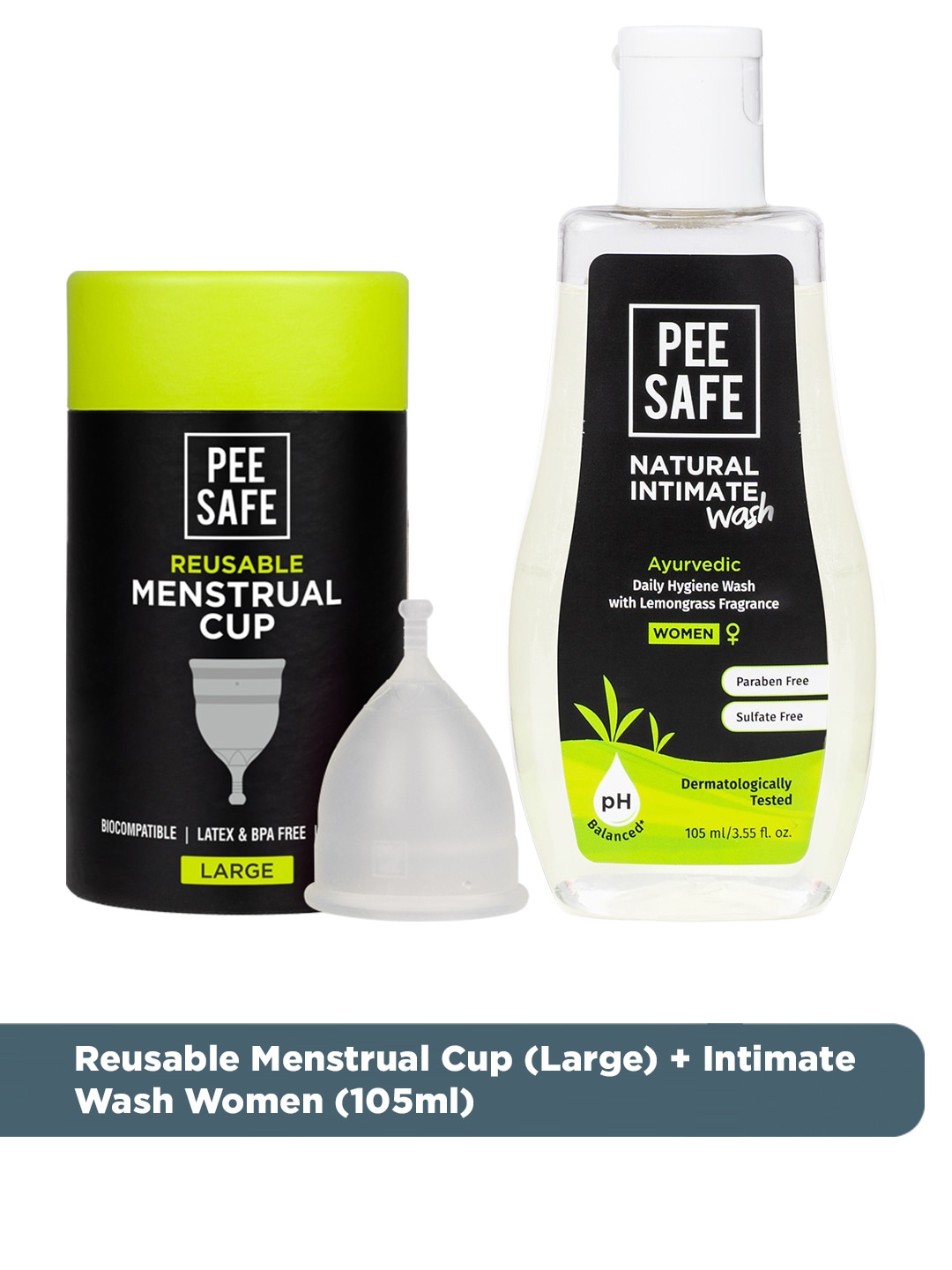 

PEESAFE Set Of 2 Reusable Menstrual Cup (Large) & Ayurvedic Natural Intimate Wash - 105ml, Grey