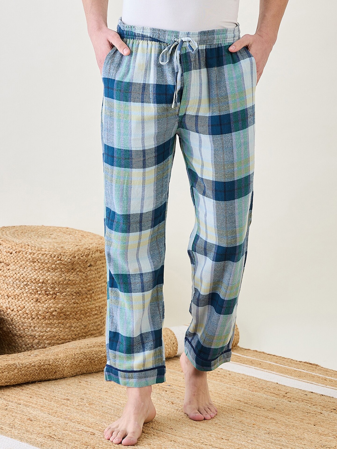 

The Kaftan Company Men Checked Cotton Lounge Pants, Blue