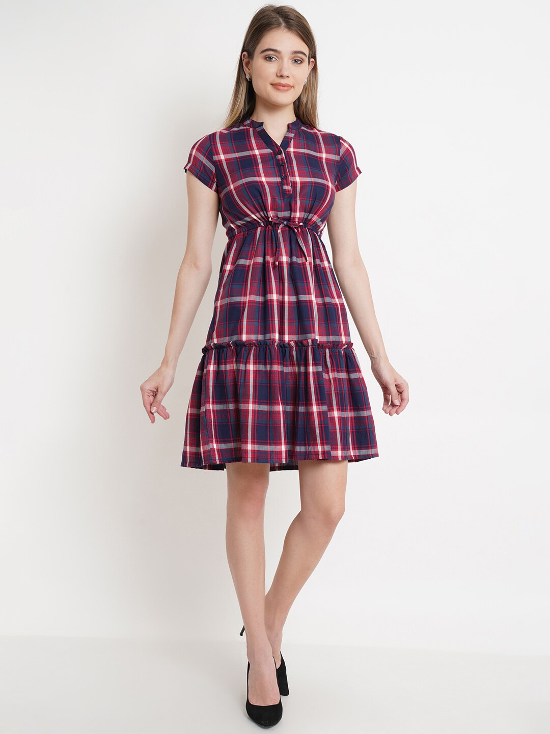 

WESTCLO Women Mandarin Collar Checked Fit & Flare Dress, Maroon