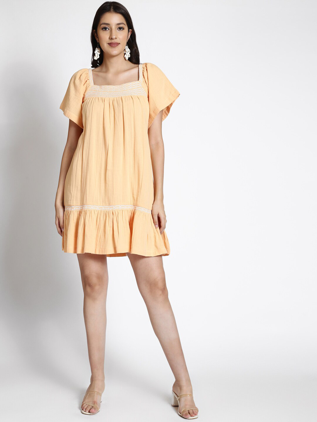 

250 DESIGNS Women Square Neck A-Line Mini Dress, Beige