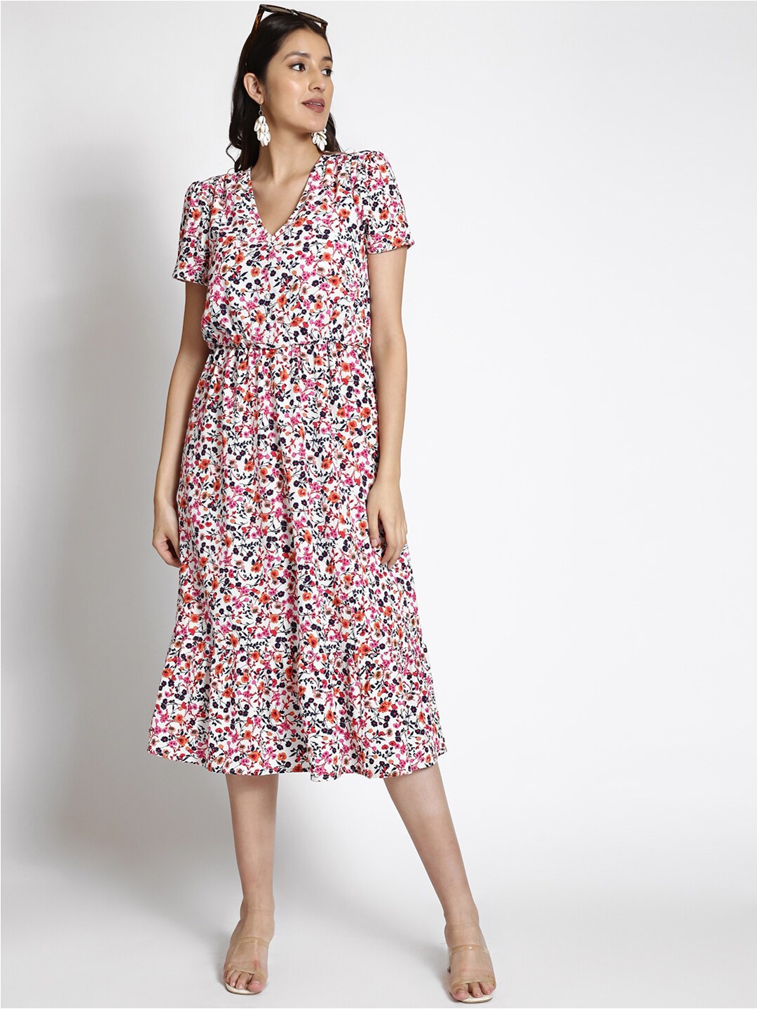 

250 DESIGNS Women V-neck Floral Printed Georgette Blouson Midi Dress, Pink