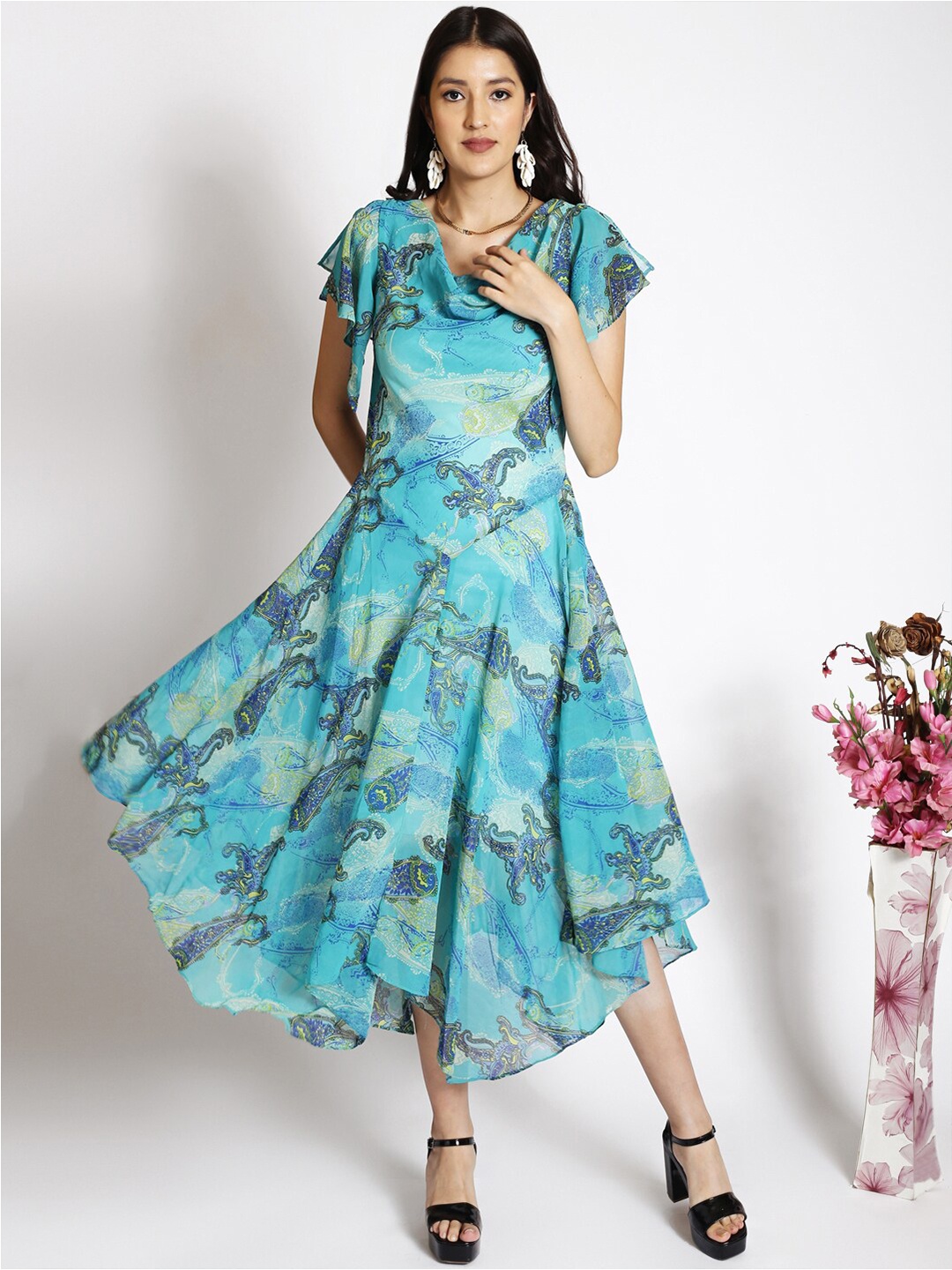 

250 DESIGNS Print Flutter Sleeve Georgette Maxi Dress, Blue