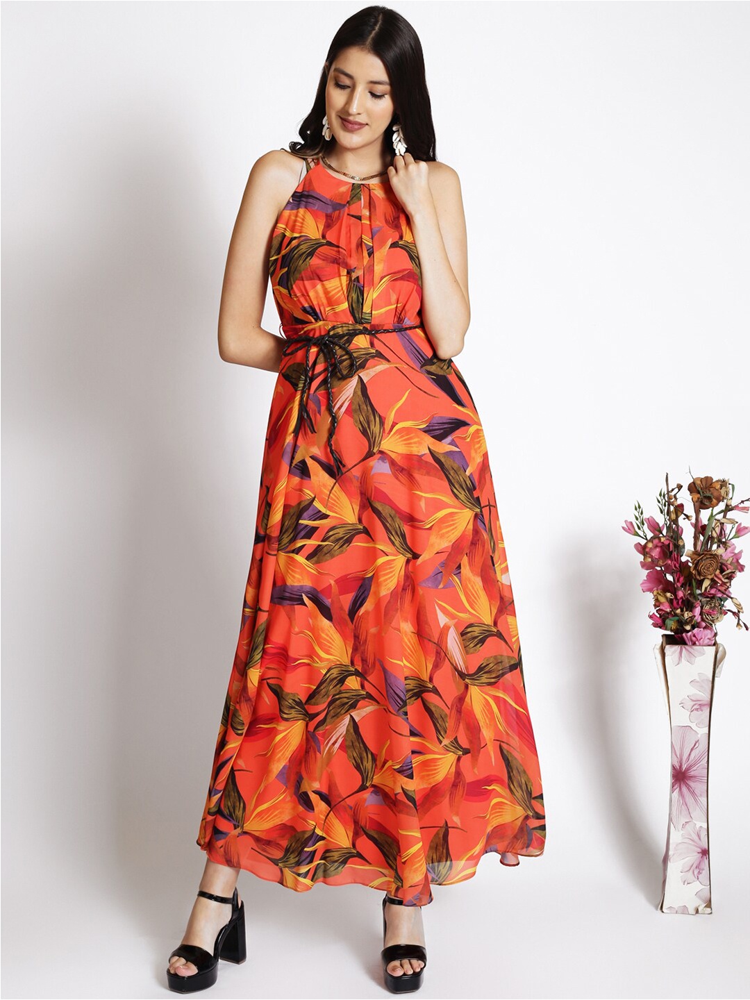 

250 DESIGNS Women Floral Printed Georgette Tie Waist Maxi Dress, Orange