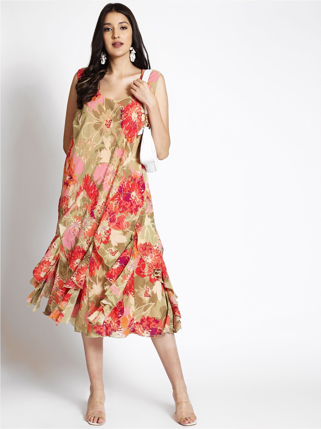 

250 DESIGNS Women Round neck Floral Printed A-Line Midi Dress, Brown