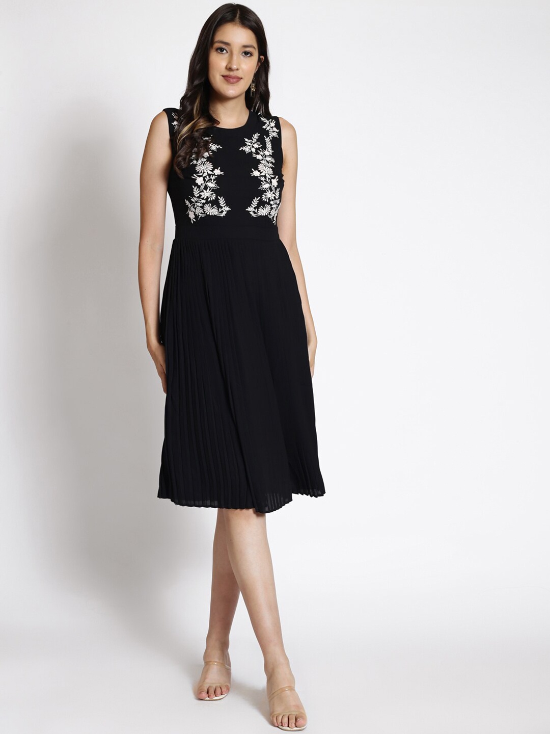 

250 DESIGNS Floral Embroidered Sleeveless Georgette Skater Dress, Black