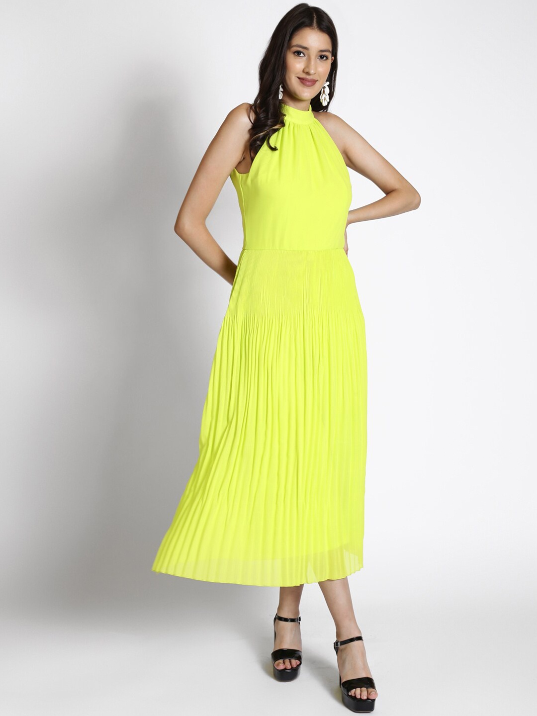 

250 DESIGNS Georgette Pleated Fit & Flare Midi Dress, Lime green