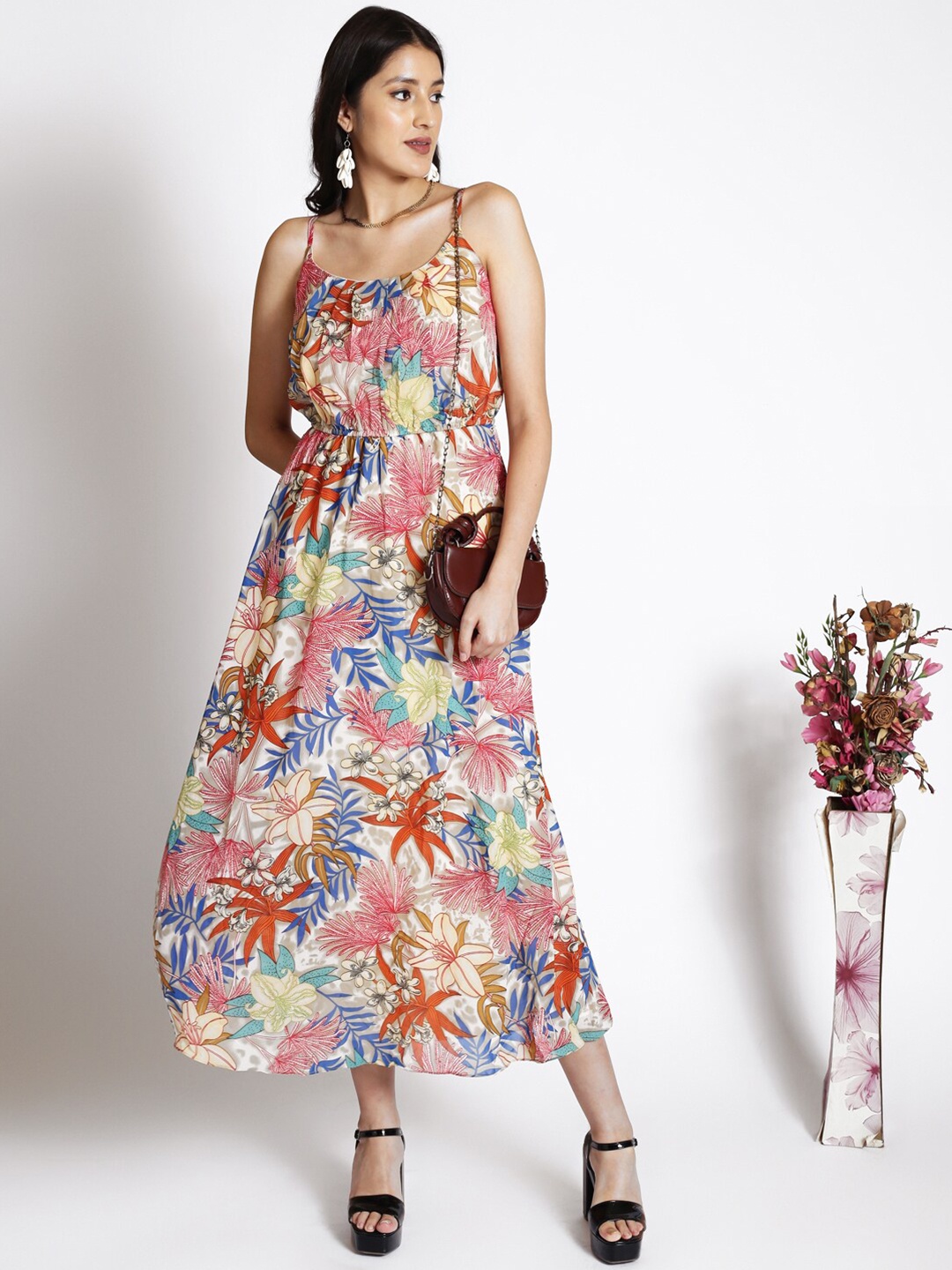 

250 DESIGNS Floral Printed Shoulder Strap Georgette Maxi Dress, Beige
