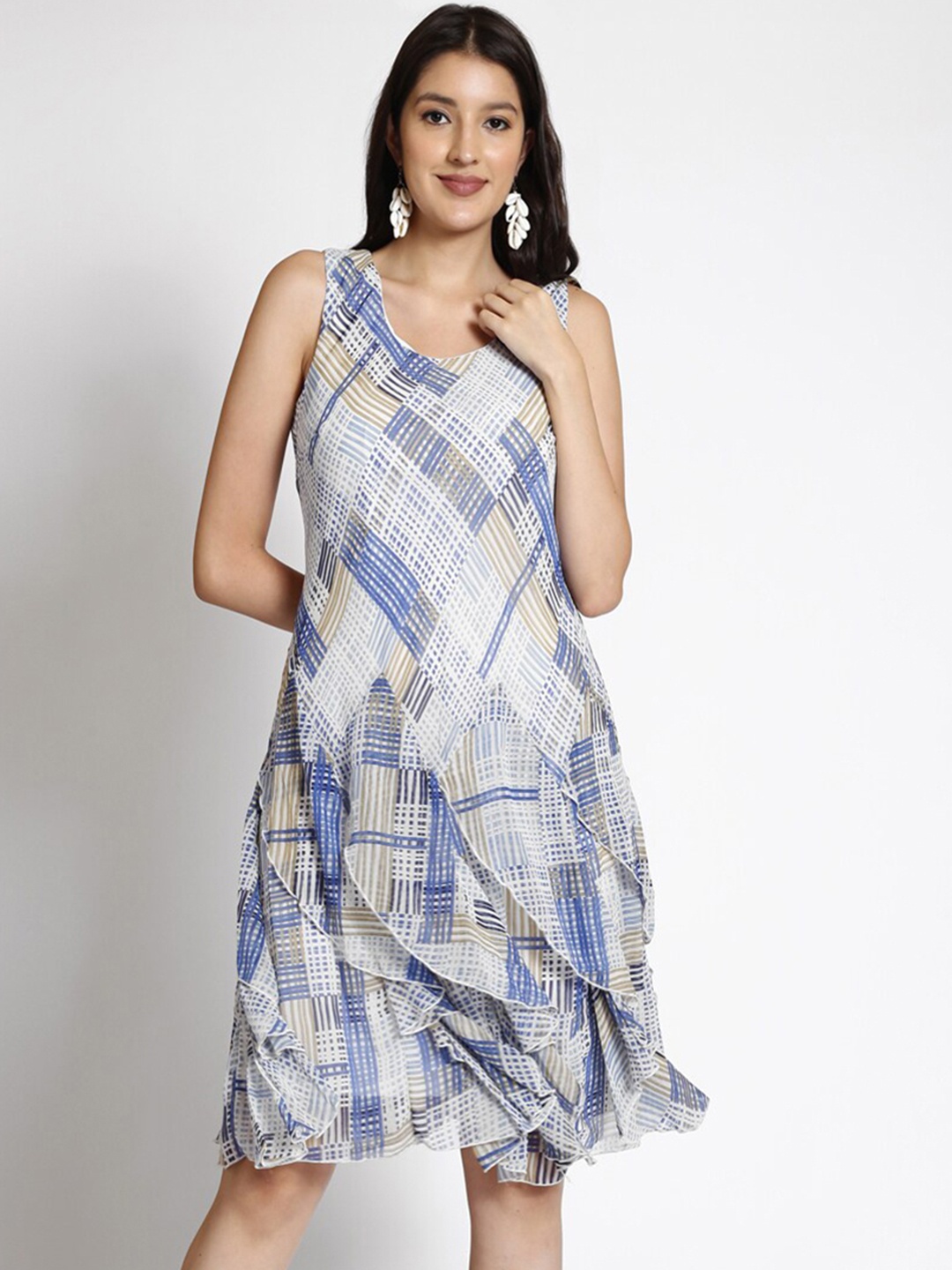 

250 DESIGNS Checked Ruffled Georgette A-Line Dress, Blue