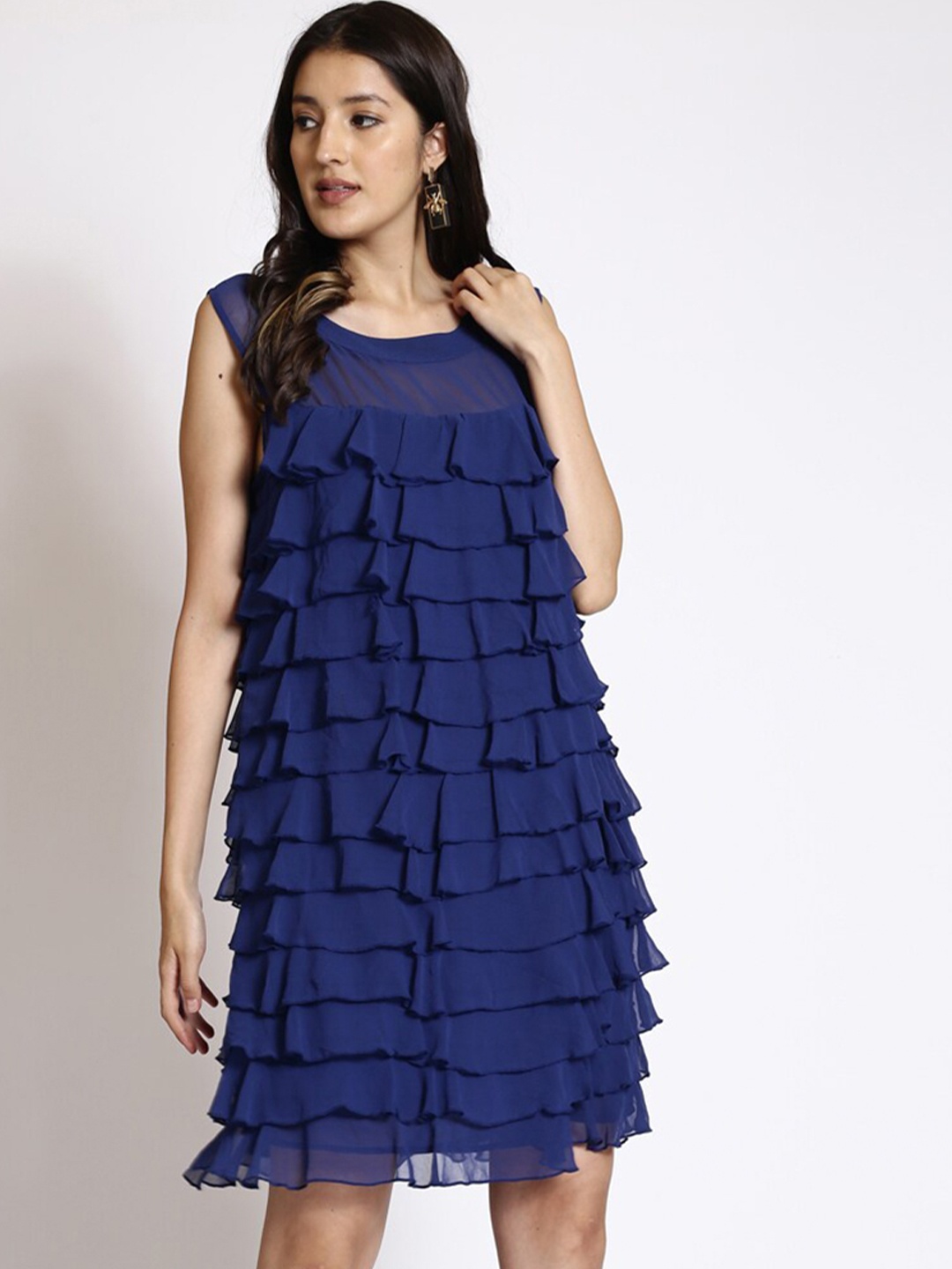 

250 DESIGNS Round Neck Ruffled Georgette Pinafore Dress, Blue