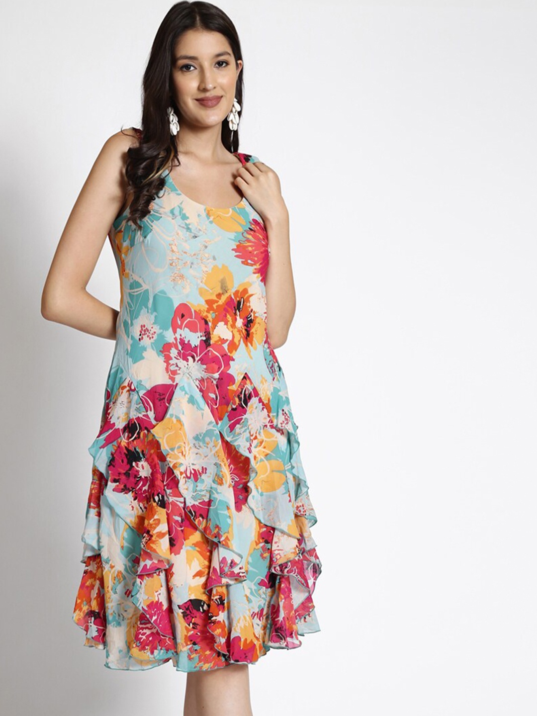 

250 DESIGNS Floral Print Georgette Fit & Flare A-Line Dress, Blue