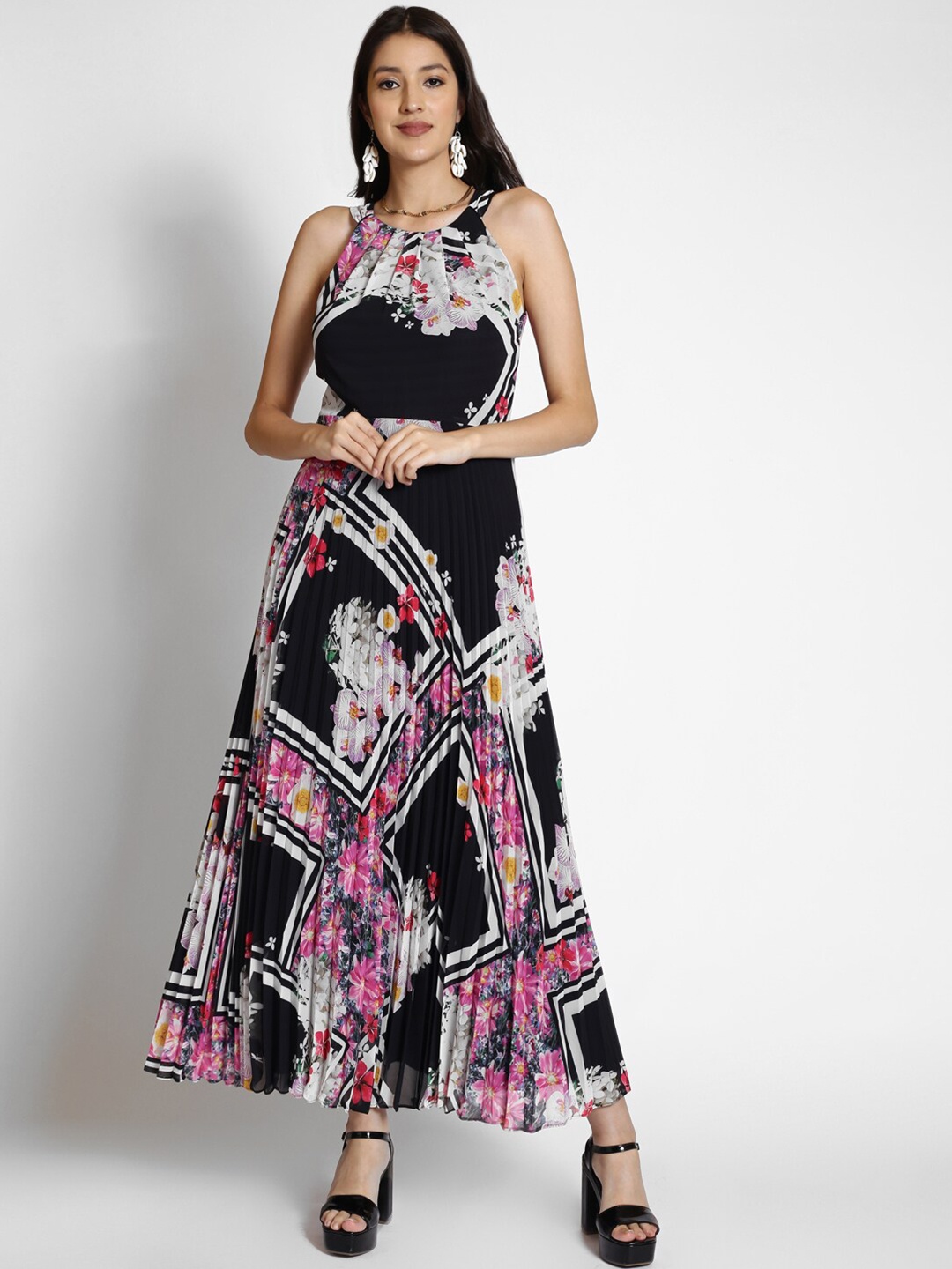 

250 DESIGNS Halter Neck Floral Printed Georgette Maxi Dress, Black
