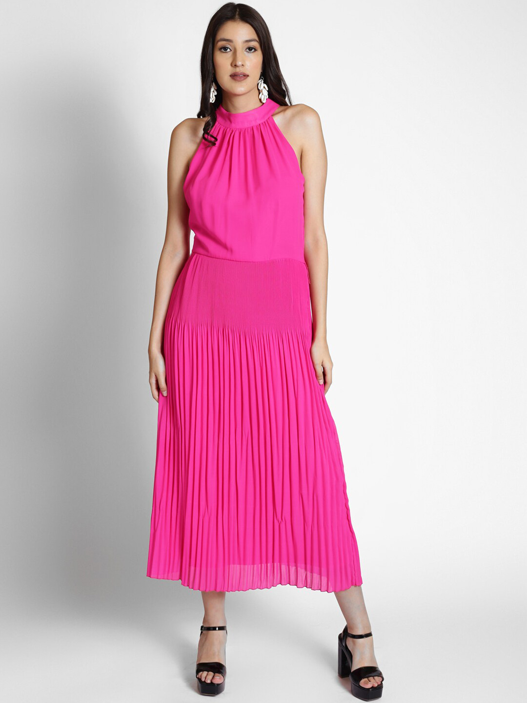 

250 DESIGNS Pleated Halter Neck Georgette Maxi Dress, Pink
