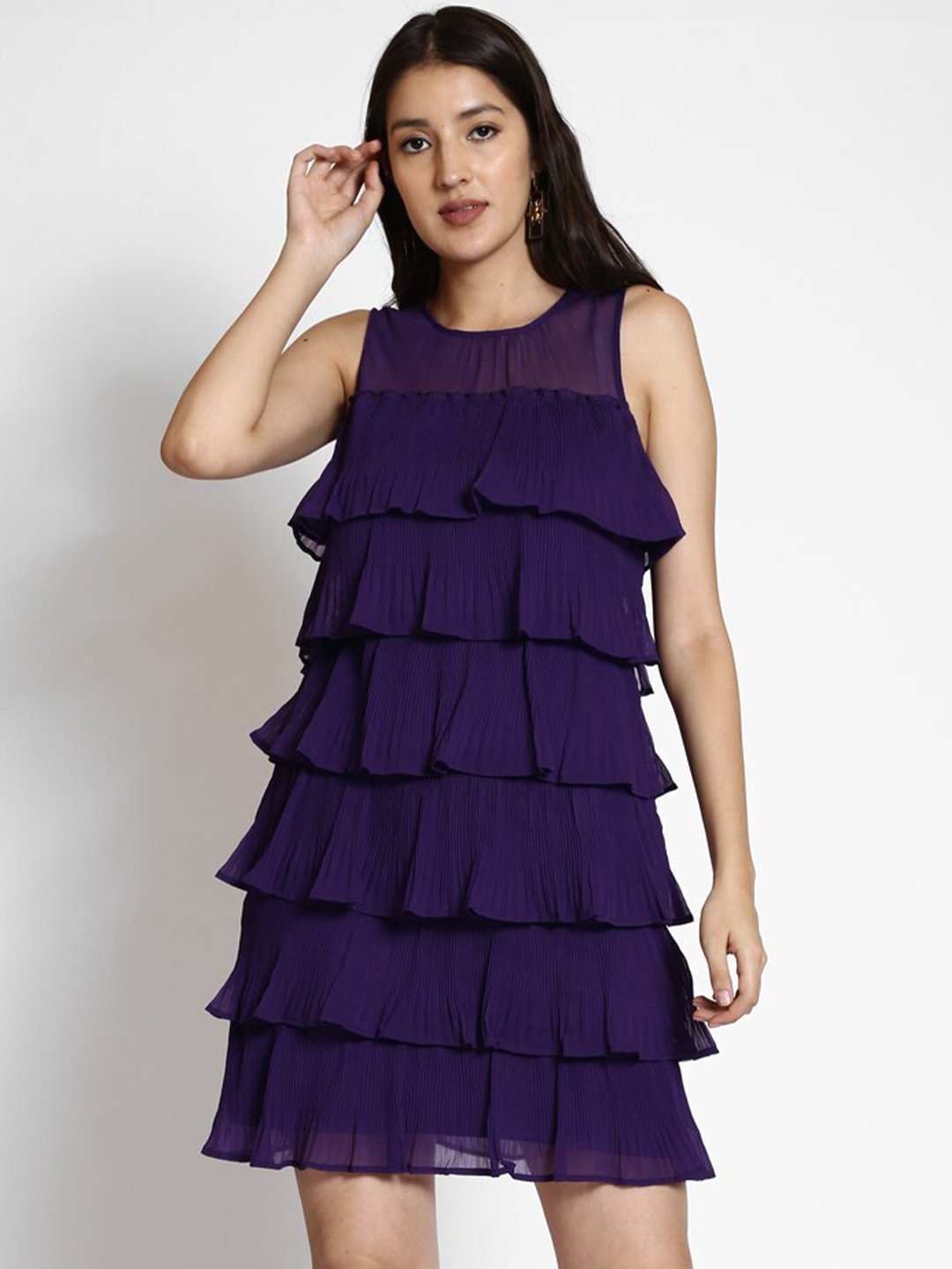 

250 DESIGNS Round Neck Pleated Tiered Chiffon A-Line Mini Dress, Purple