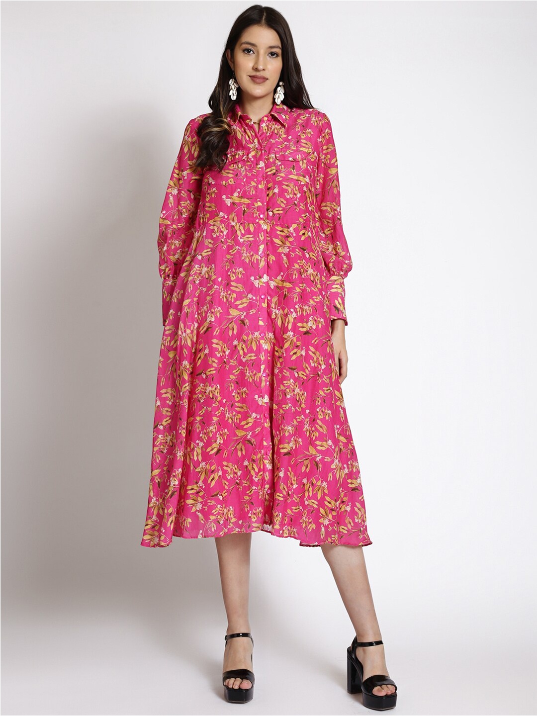 

250 DESIGNS Floral Printed Silk Shirt Fit and Flare Midi Dress, Pink