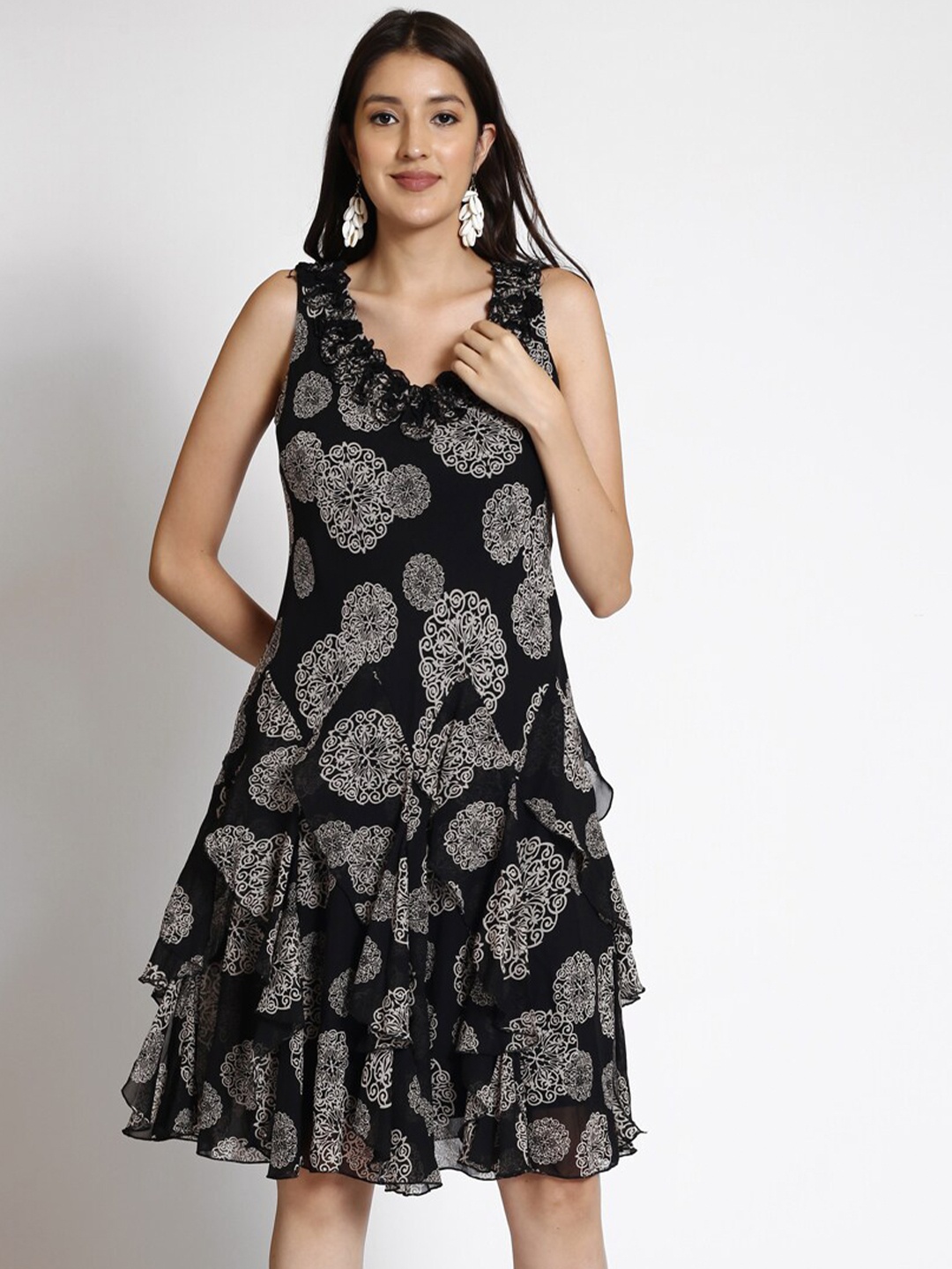 

250 DESIGNS Ethnic Motifs Printed Fit & Flare Dress, Black
