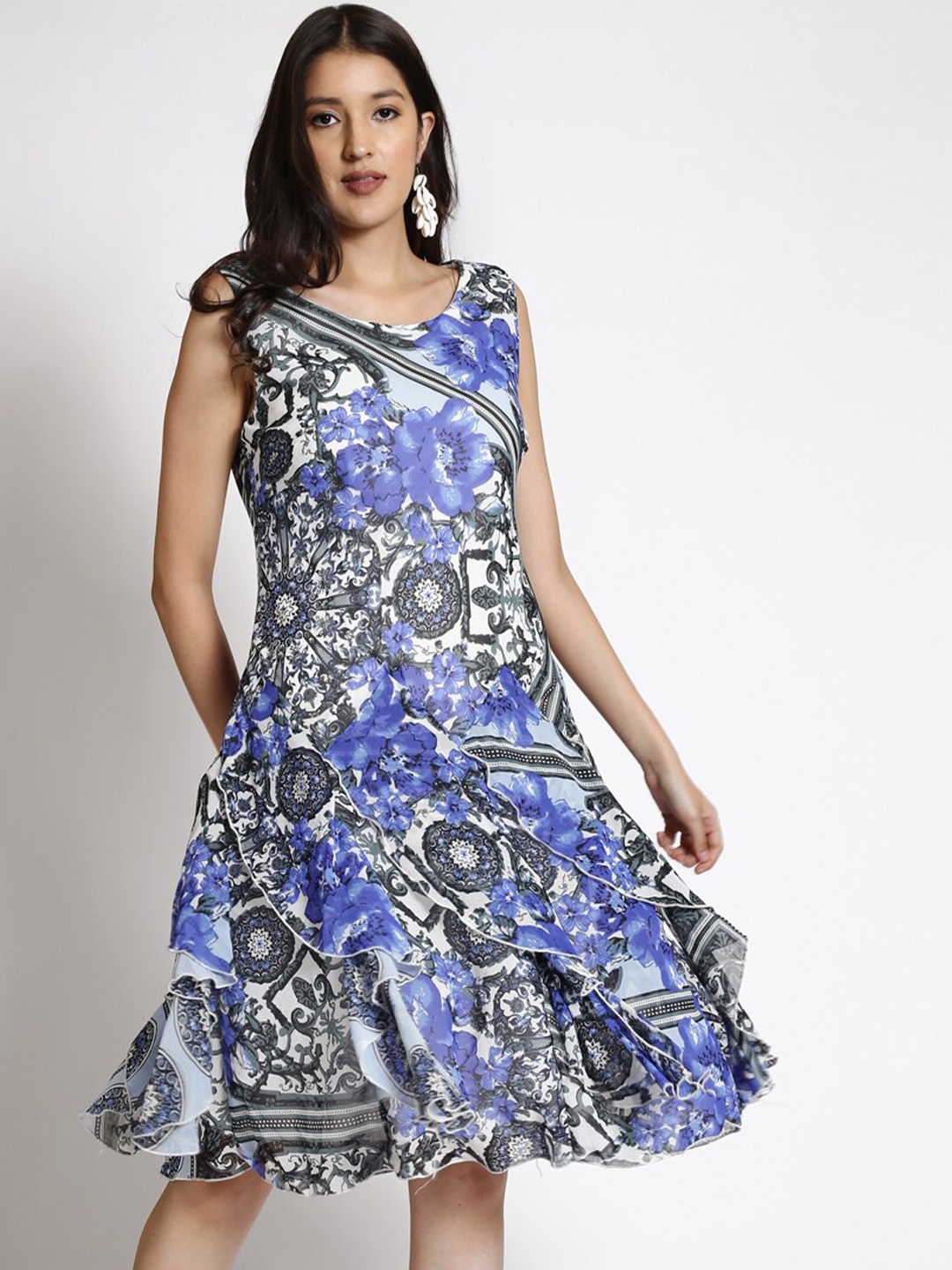 

250 DESIGNS Round Neck Floral Print Fit & Flare Dress, Blue