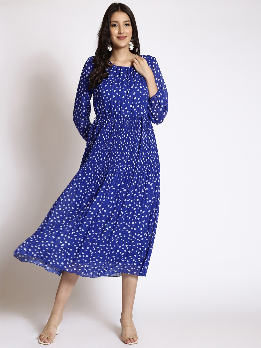 

250 DESIGNS Abstract Printed Puff Sleeves Georgette Fit & Flare Midi Dress, Blue