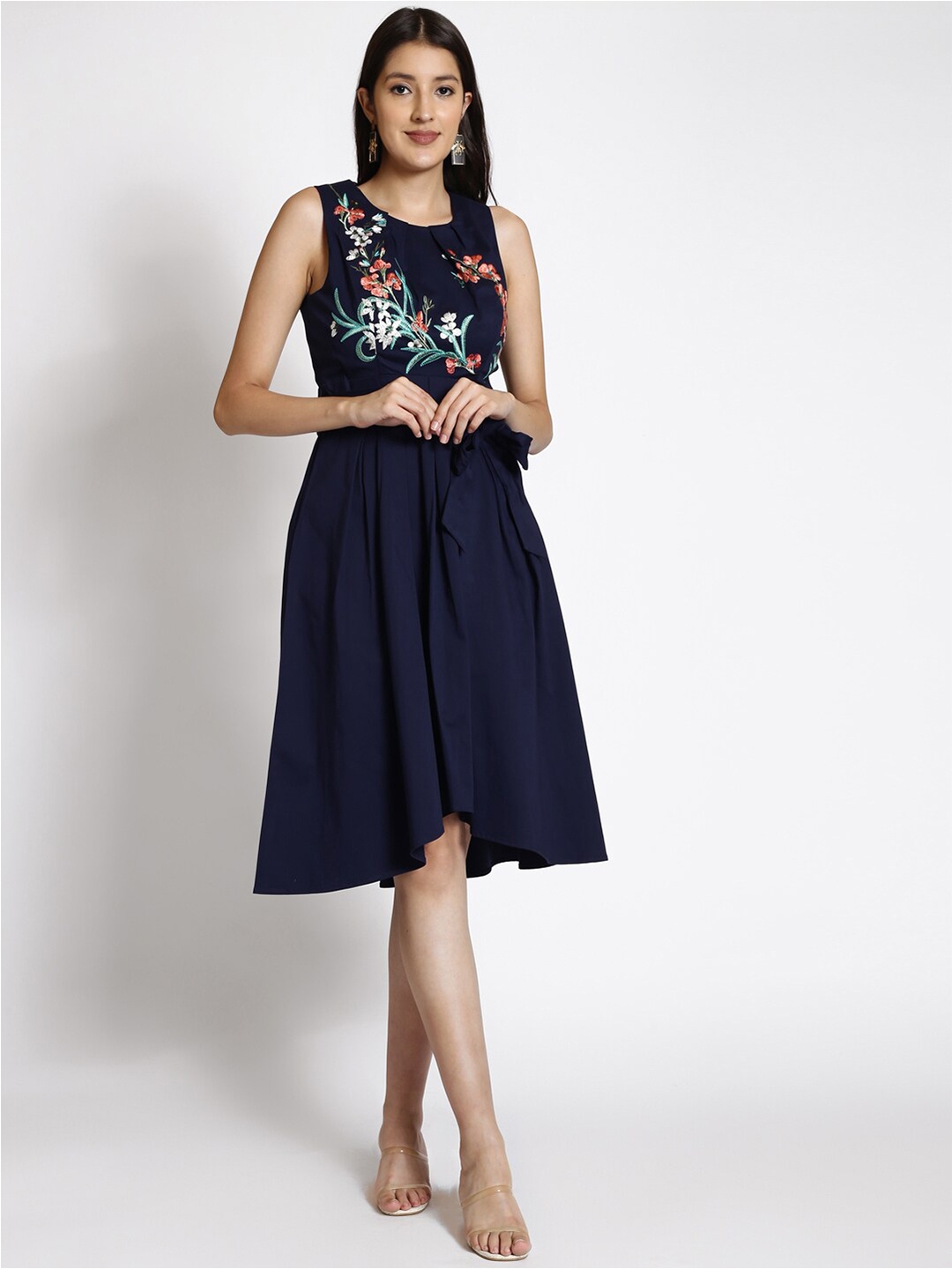 

250 DESIGNS Floral Embroidered Cotton Fit & Flare Dress, Navy blue