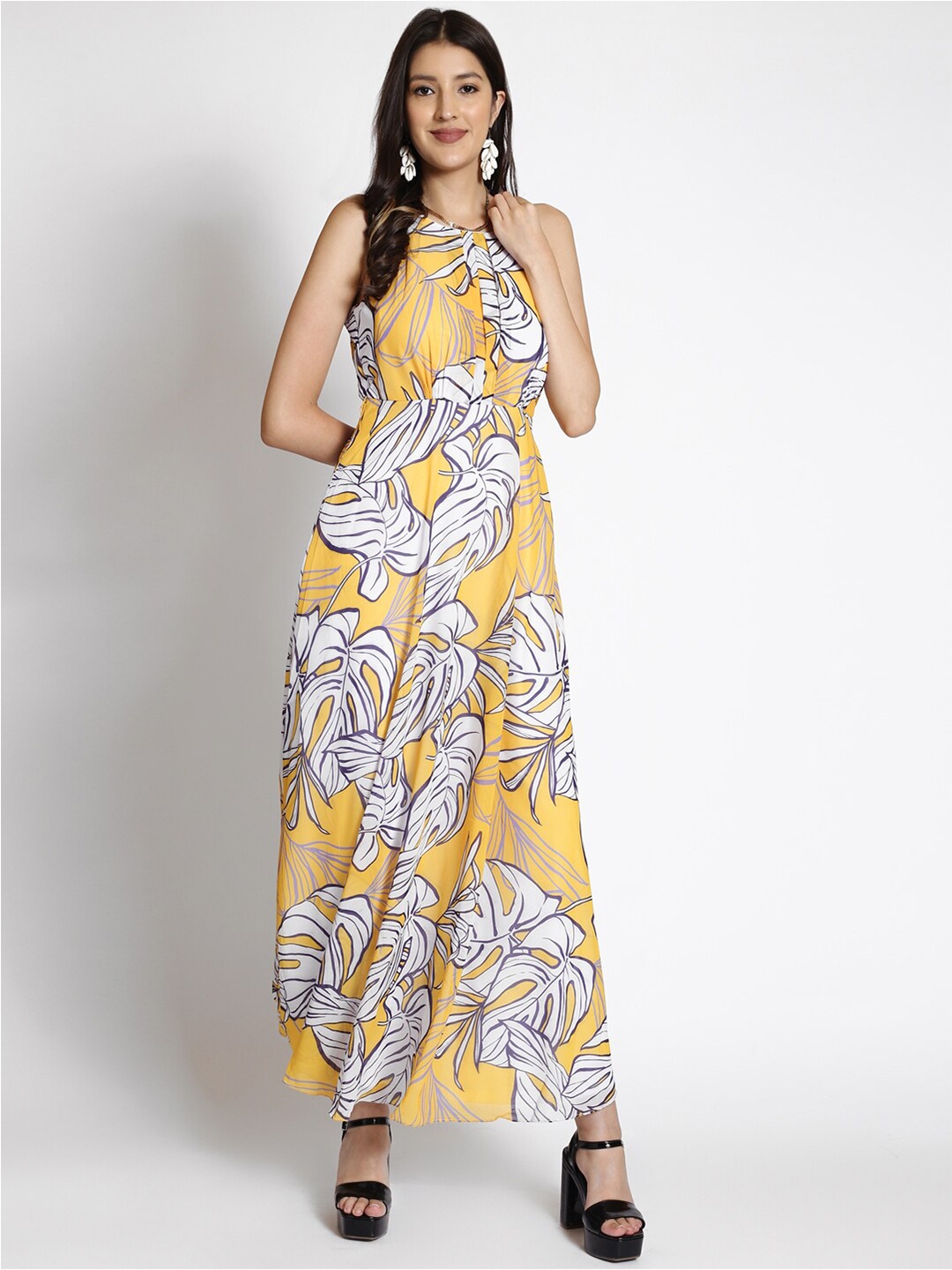 

250 DESIGNS Floral Printed Georgette Maxi Dress, Yellow