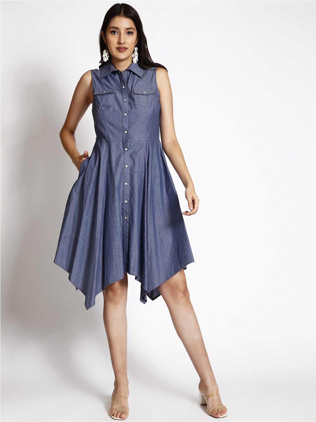 

250 DESIGNS Shirt Collar Denim Shirt Dress, Blue
