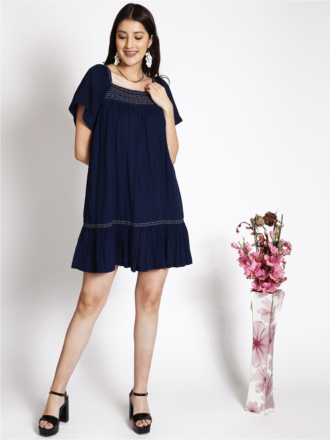 

250 DESIGNS Square Neck Flared Sleeves Smocked Cotton A-Line Dress, Navy blue