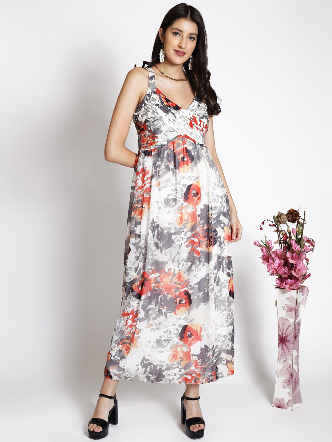 

250 DESIGNS Abstract Printed Shoulder Straps Georgette Maxi Dress, White