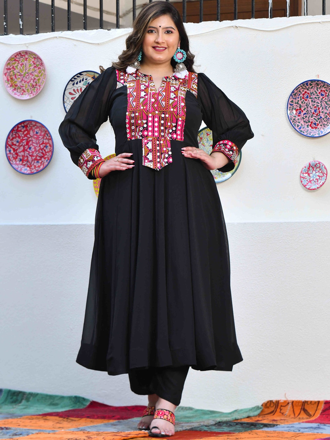 

The Plus Size Store by Meera Creations V-neck Flared Kurta, Black