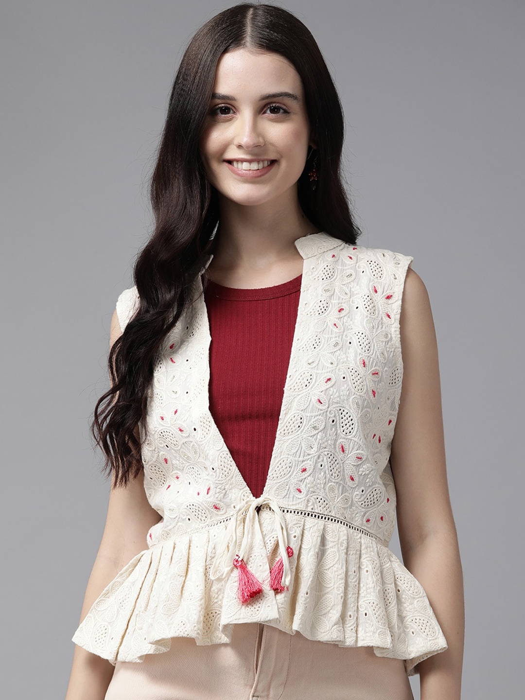 

BAESD Women Floral Windcheater Crop Tailored Jacket with Embroidered, Cream