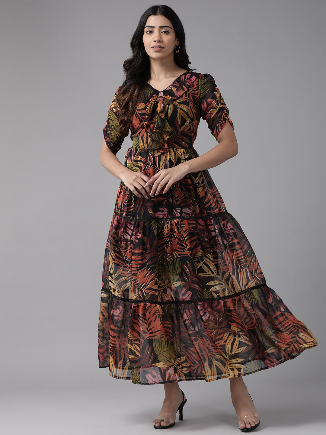 

BAESD Tropical Print V- Neck Tiered Georgette Fit & Flare Dress, Black
