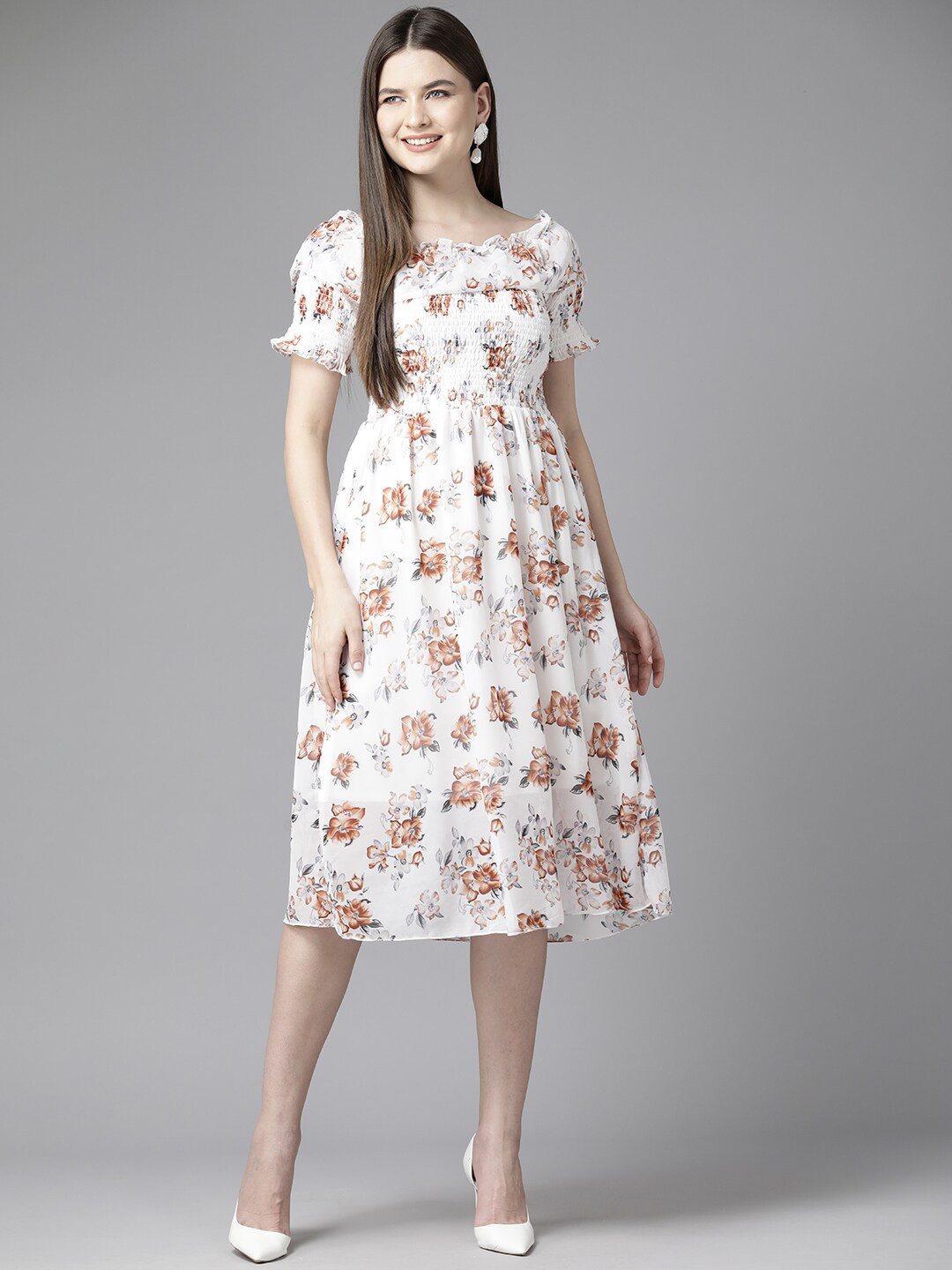 

BAESD Floral Print Puff Sleeve Georgette Fit & Flare Midi Dress, White