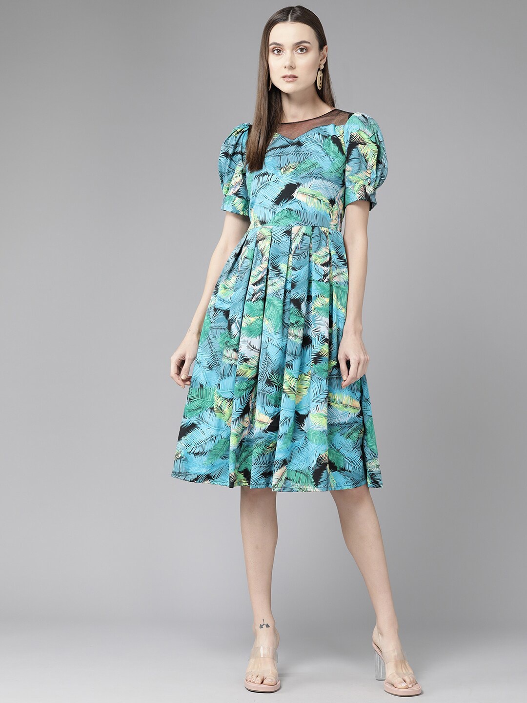 BAESD Floral Printed Puff Sleeve Georgette Fit & Flare Midi Dress, Black