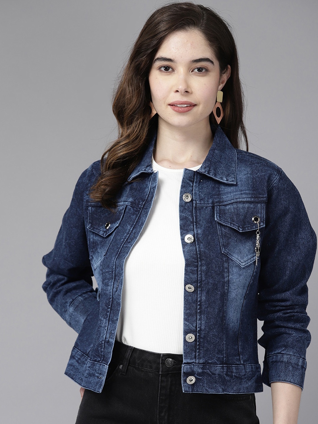 

BAESD Women Washed Windcheater Denim Jacket with Patchwork, Navy blue