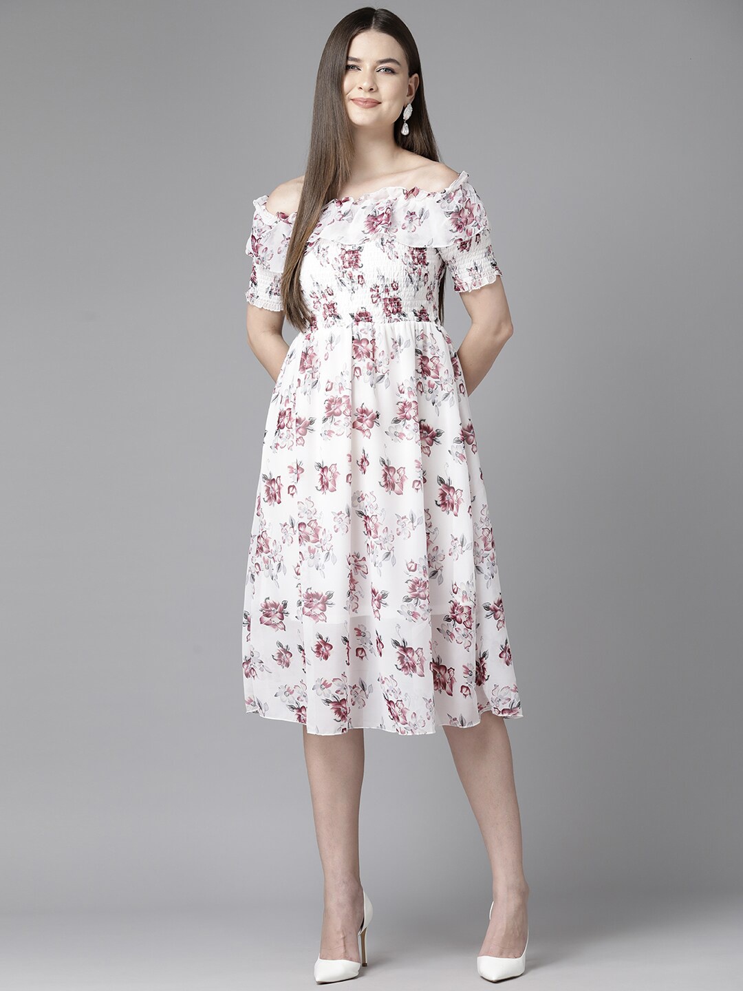 

BAESD Floral Printed Off-Shoulder Smocked Georgette Fit & Flare Midi Dress, White