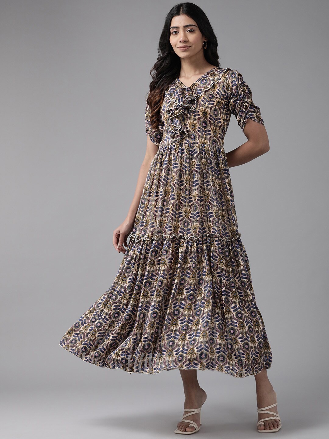 

BAESD Floral Printed Puff Sleeve Ruffles Georgette Maxi Dress, Beige