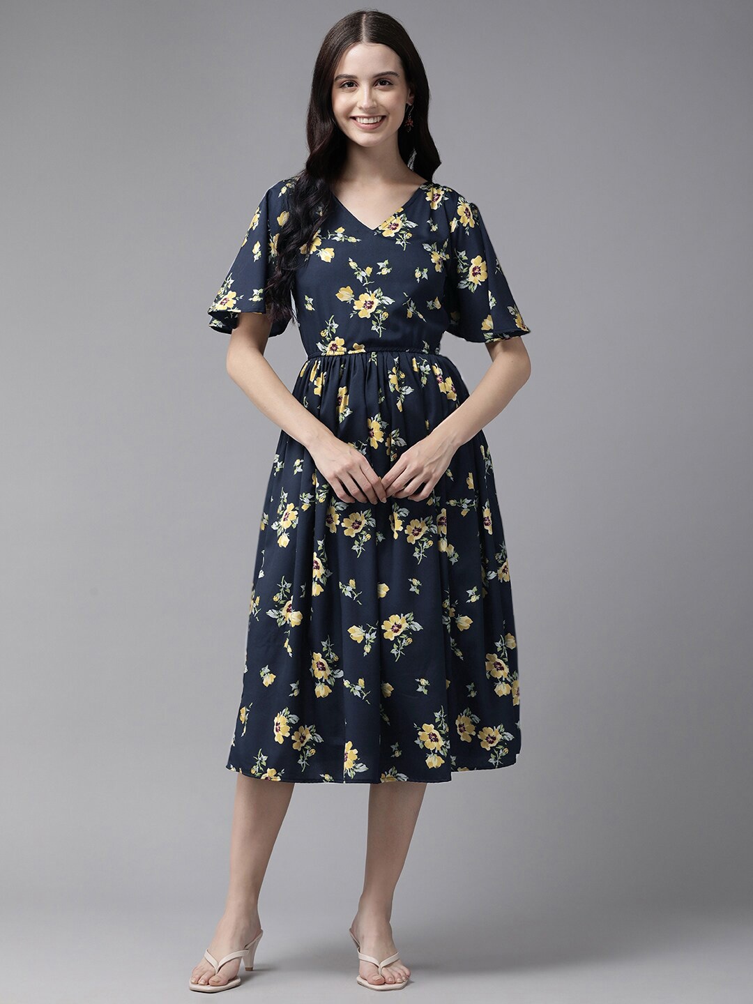 

BAESD Floral PrintED Flared Sleeves V-Neck Georgette Fit & Flare Midi Dress, Navy blue