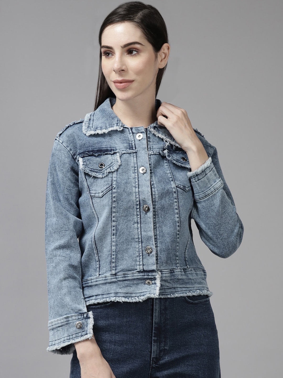 

BAESD Washed Spread Collar Long Sleeves Windcheater Denim Jacket, Blue