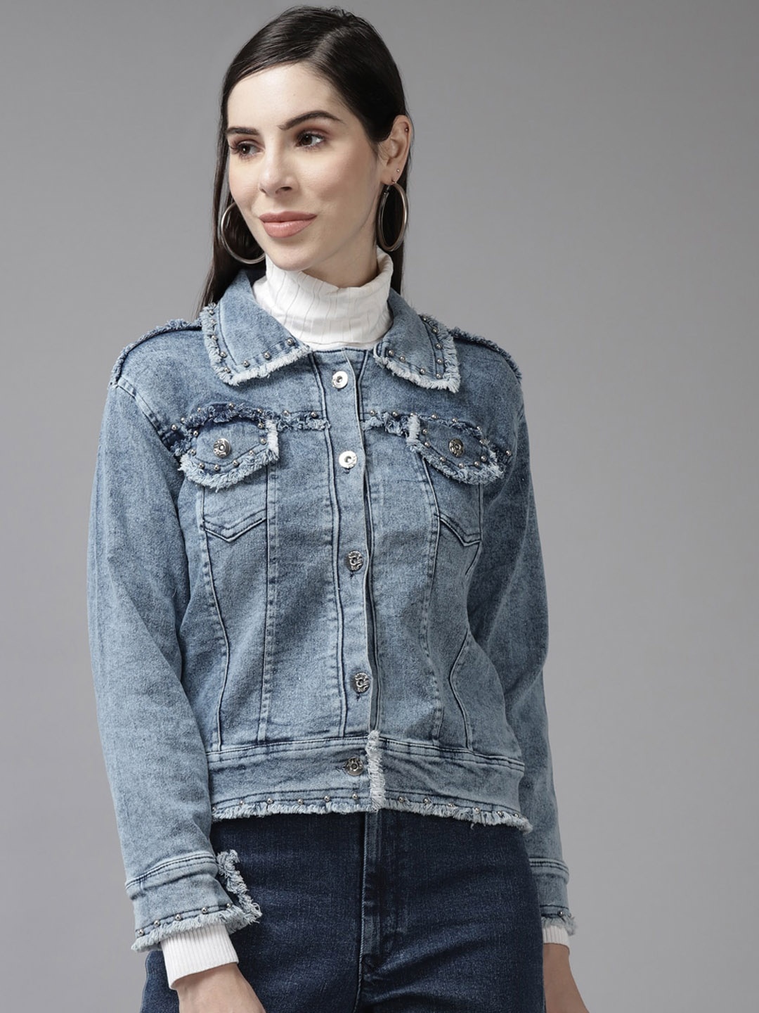 

BAESD Women Washed Windcheater Crop Denim Jacket, Blue