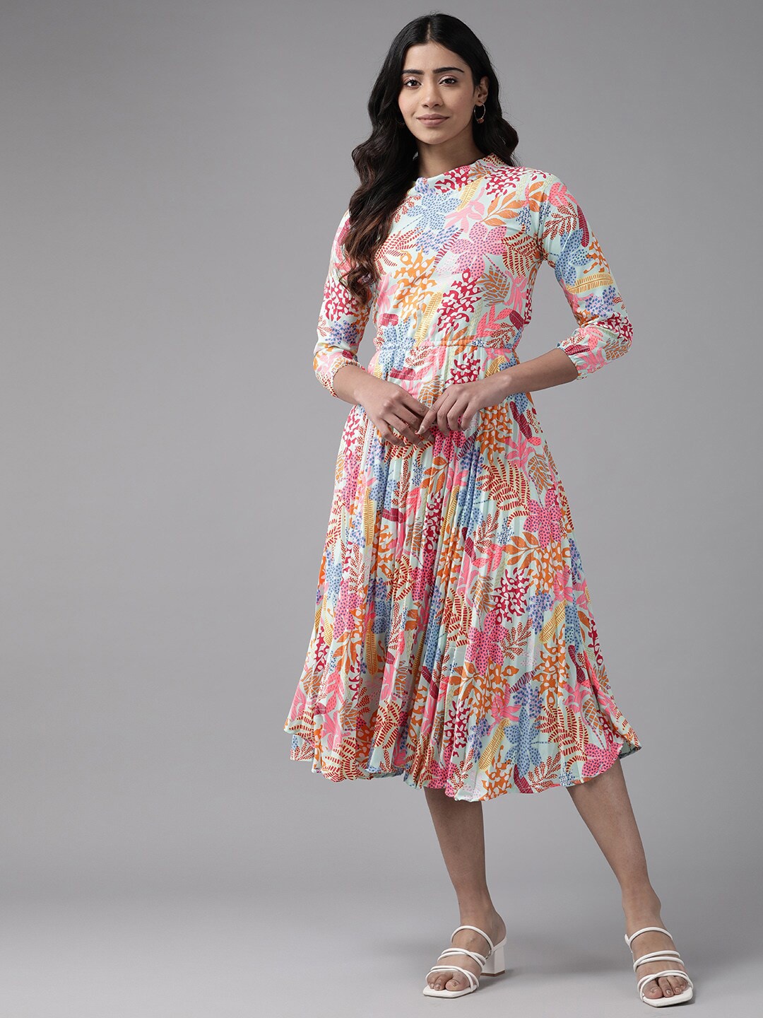 

BAESD Floral Print Georgette High Neck A-Line Midi Dress, Blue