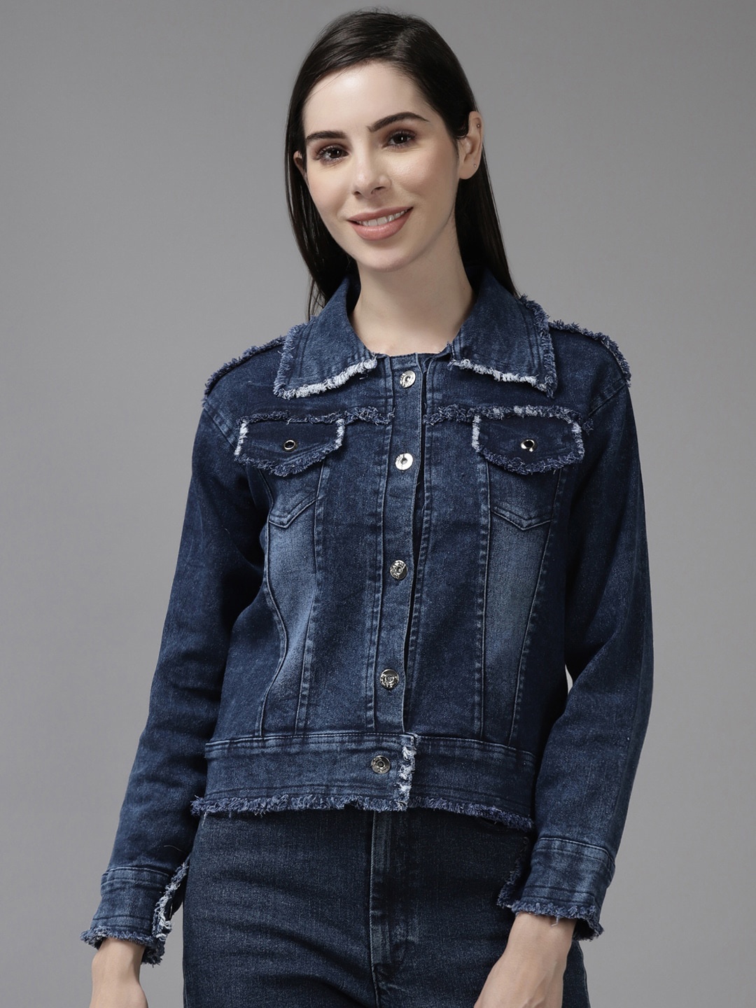 

BAESD Women Washed Windcheater Crop Denim Jacket, Navy blue