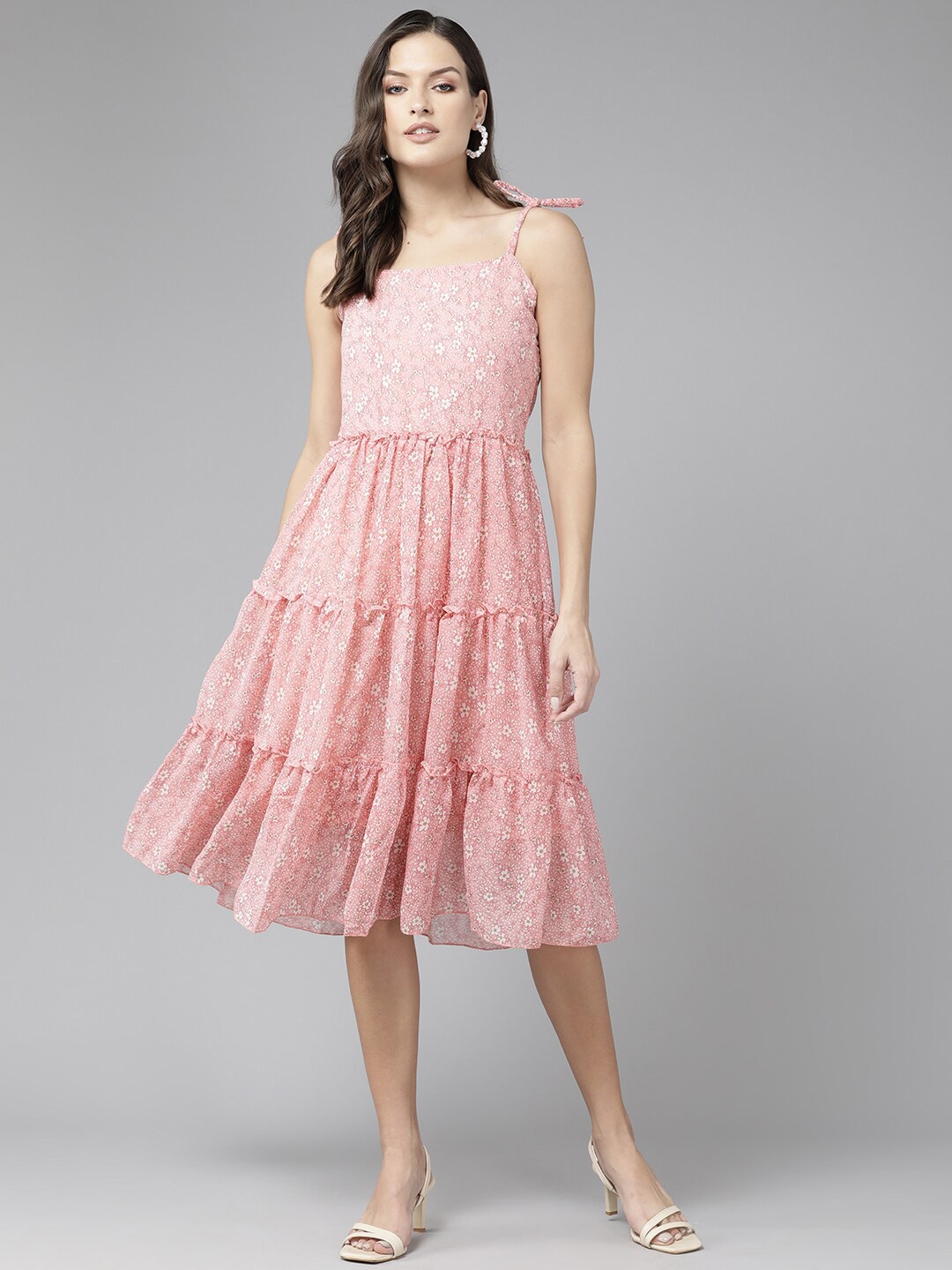 

BAESD Floral Printed Tiered Georgette Fit and Flare Midi Dress, Peach