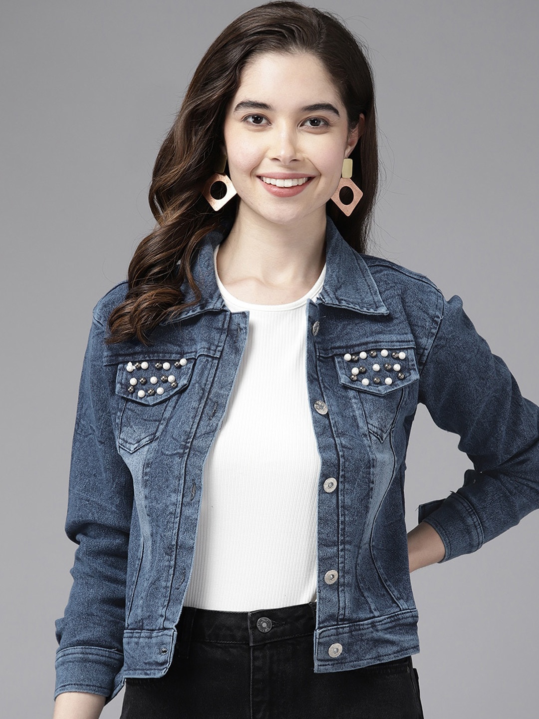 

BAESD Women Washed Windcheater Crop Denim Jacket with Embroidered, Navy blue