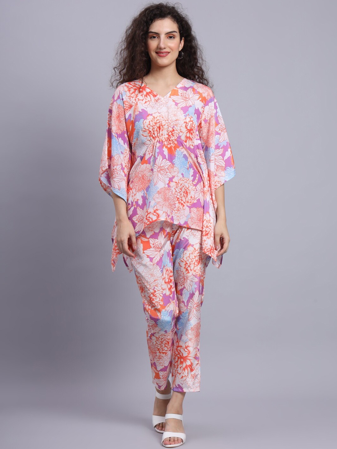 

Suktam Trendz Floral Printed Kaftan Top With Trousers, Orange