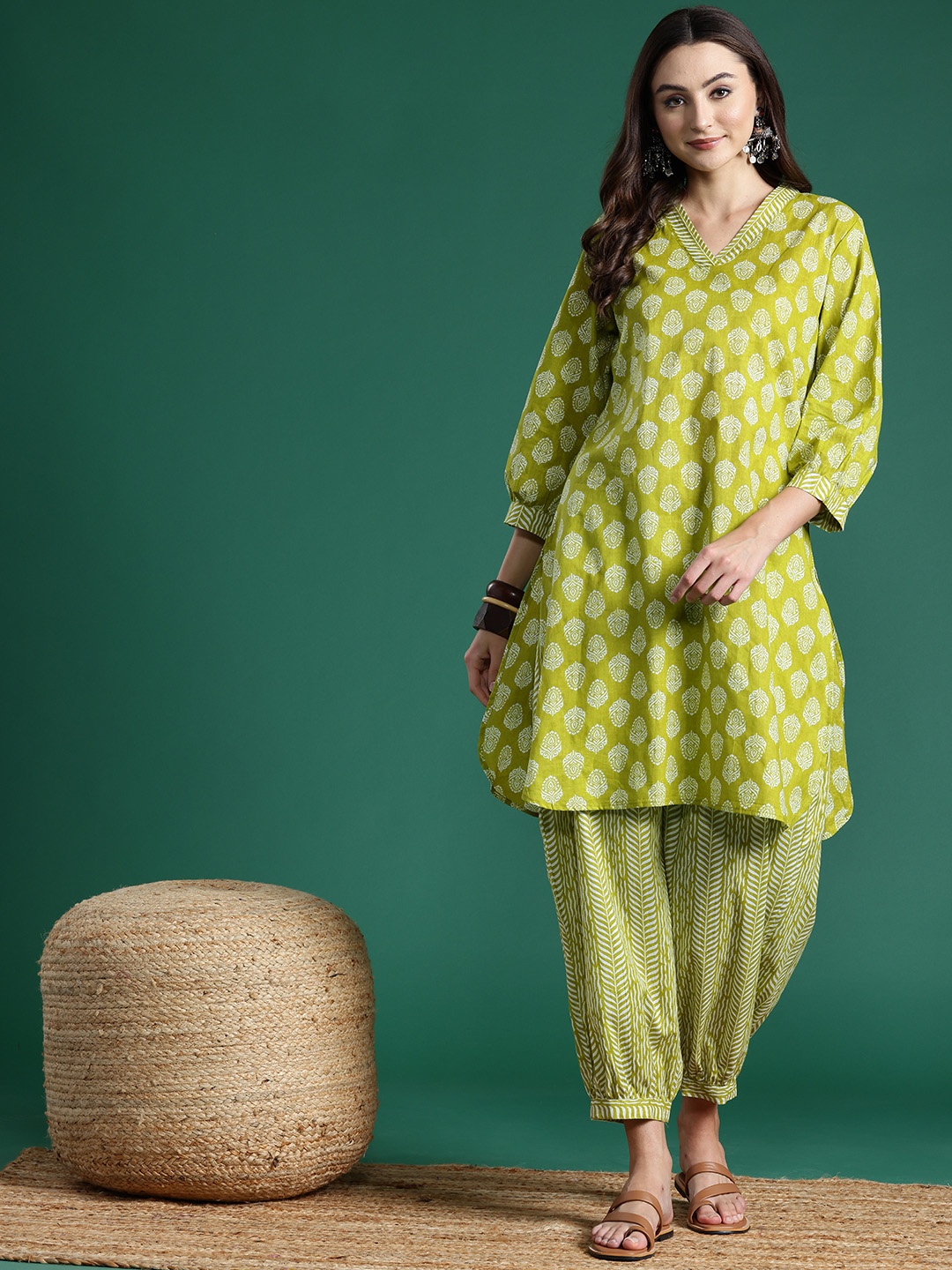 

Sangria Ethnic Motifs Printed Pure Cotton Kurta with Salwar, Lime green