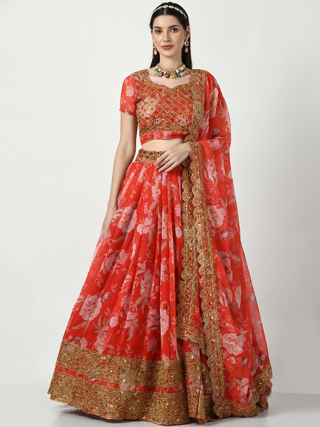 

Angroop Embellished Thread Work Semi-Stitched Lehenga & Unstitched Blouse With Dupatta, Red