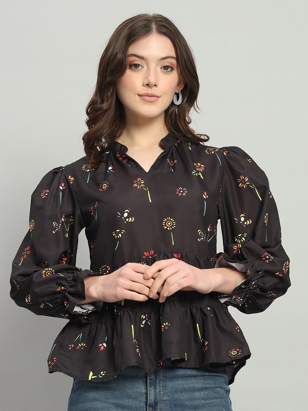 

The Dry State Black Floral Print Mandarin Collar Bishop Sleeve Peplum Top
