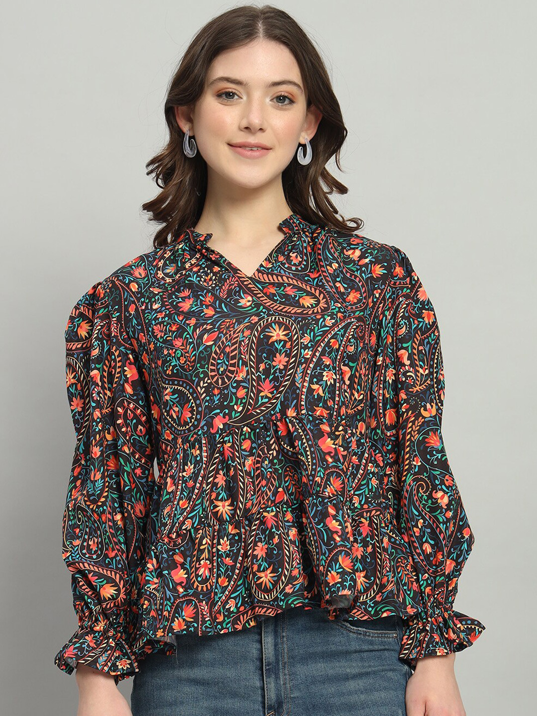 

The Dry State Black Floral Print Mandarin Collar Cuffed Sleeves Top